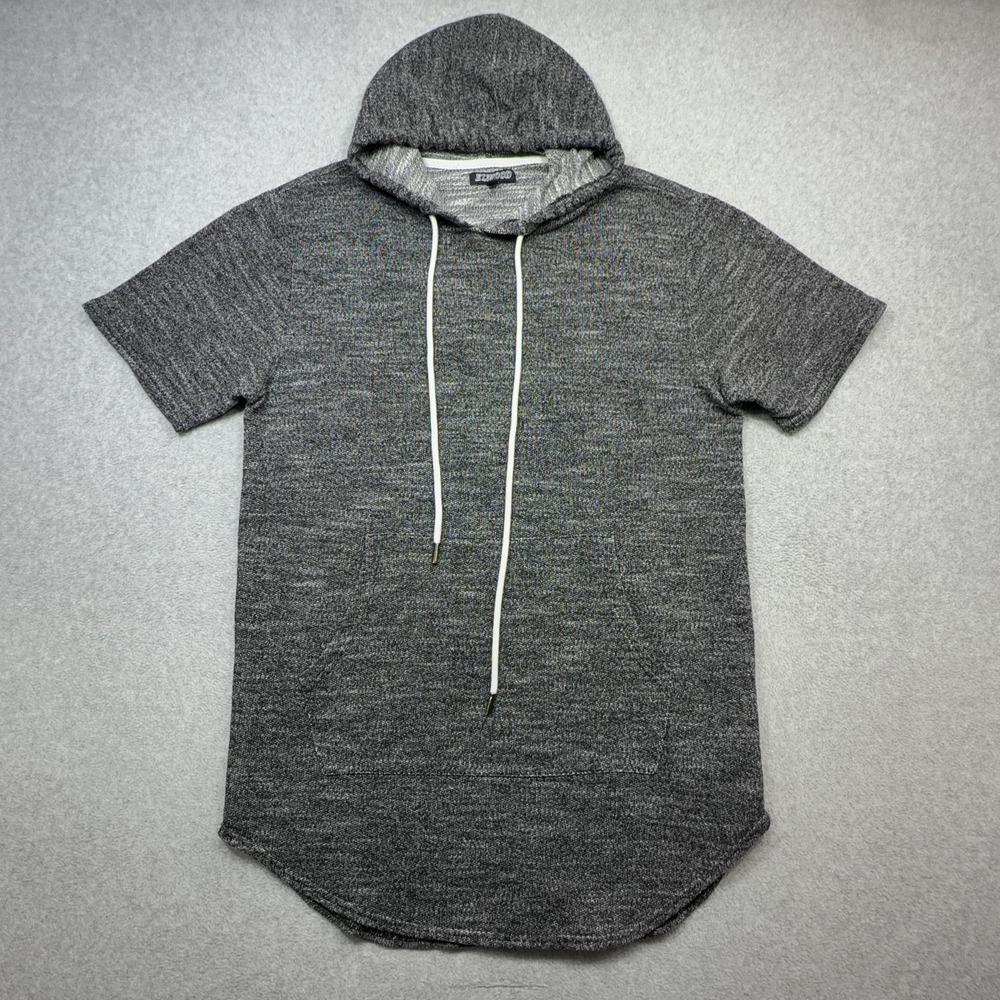 Elwood Hooded Sweatshirt Mens Medium Gray French Terry Drop Tail Short Sleeve